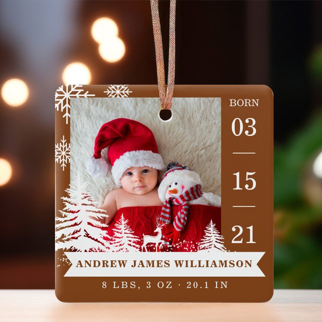Ornement En Céramique Pine Tree & Snow Baby Birth Stats & Photos Brown (Pine Tree & Snow Baby Birth Stats & Photos Brown Ceramic Ornament)
