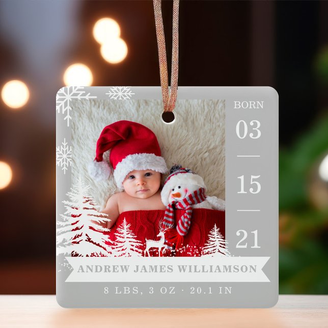 Ornement En Céramique Pine Tree & Snow Baby Birth Stats & Photos Grey (Pine Tree & Snow Baby Birth Stats & Photos Grey Ceramic Ornament)