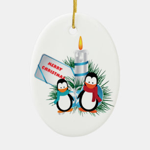 Ornement En Céramique Pingouins Et Bougies De Noël