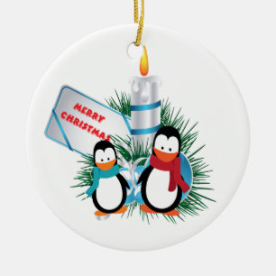 Ornement En Céramique Pingouins Et Bougies De Noël