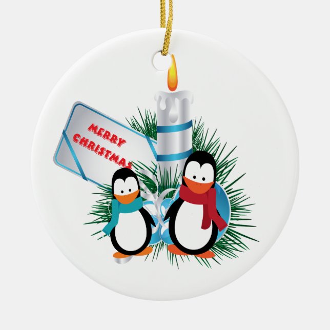 Ornement En Céramique Pingouins Et Bougies De Noël (Devant)