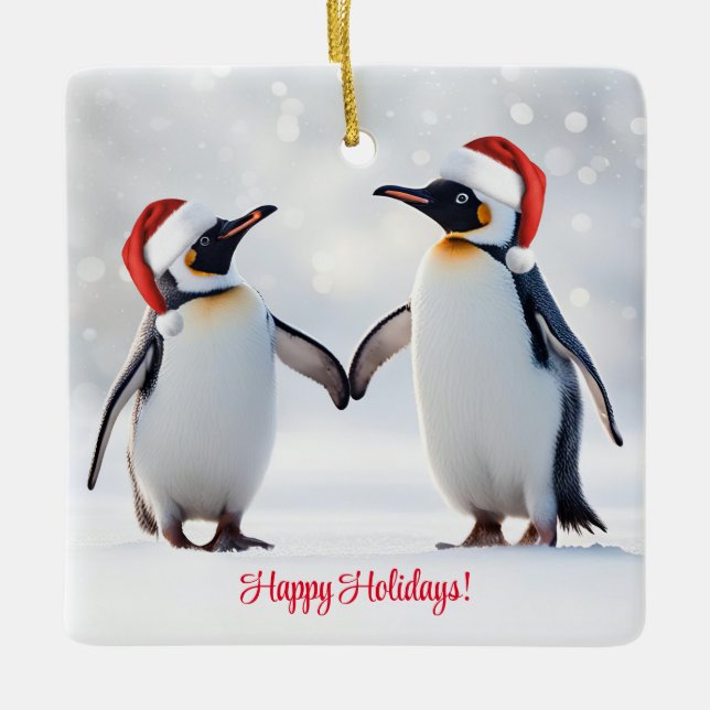 Ornement En Céramique Pingouins Joyeux Noël (Devant)