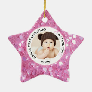 Ornement En Céramique Pink Baby Girl First Christmas Nom Photo