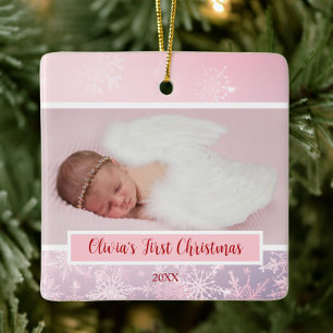 Ornement En Céramique Pink Christmas Photo Flac à neige Premier Noël