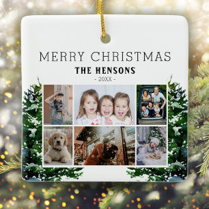 Ornement En Céramique Pins Arbres Aquarelle de neige Famille 6 Photo Col