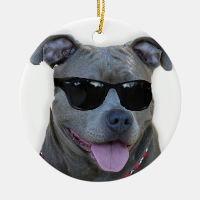 Ornement En Céramique Pitbull bleu avec des verres (Devant)
