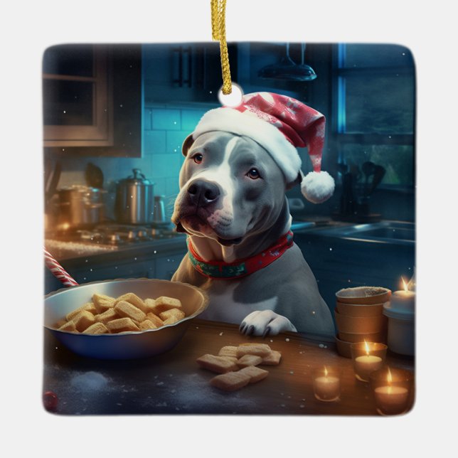Ornement En Céramique Pitbull Terrier Cookies de Noël (Devant)