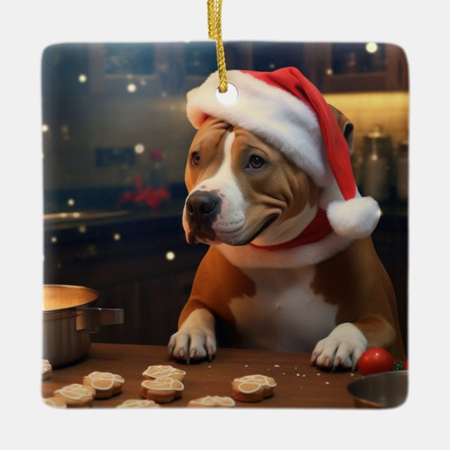 Ornement En Céramique Pitbull Terrier Cookies de Noël Festif (Devant)