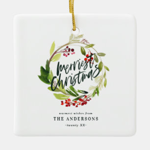 Ornement En Céramique plus joyeux noël aquarelle rouge baies feuillage