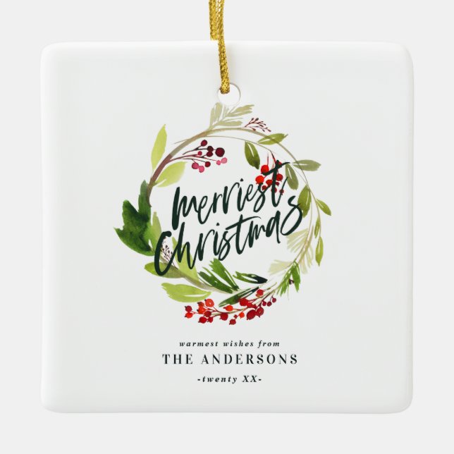 Ornement En Céramique plus joyeux noël aquarelle rouge baies feuillage (Devant)