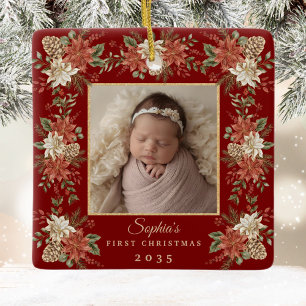 Ornement En Céramique Poinsettia Photo de Noël pour bébé