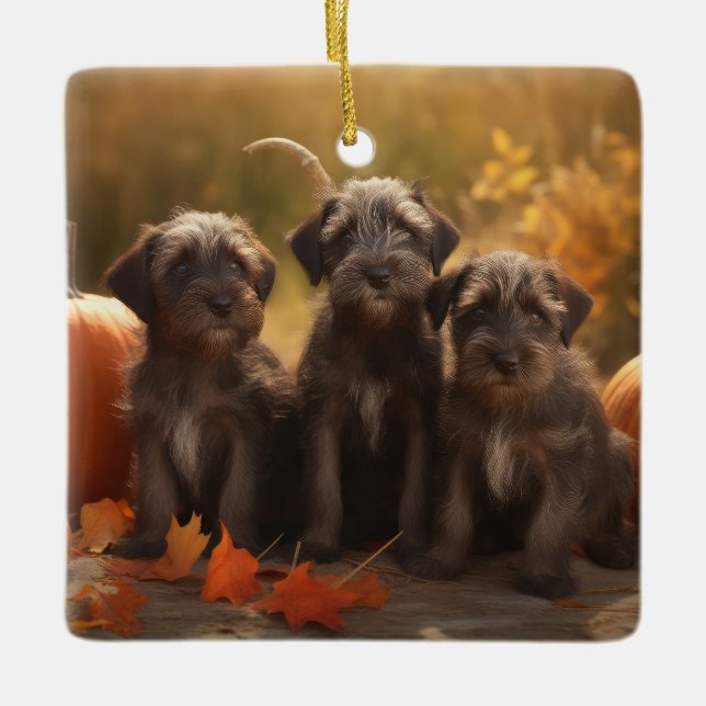 Ornement En Céramique Pointeur à poils durs Griffon Puppy Automne (Devant)