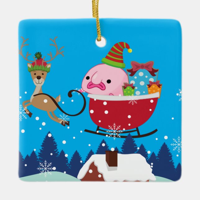 Ornement En Céramique Poisson-homard Père Noël Personnalisé Bleu (Devant)