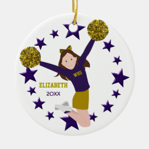 Ornement En Céramique Pom-pom girl de brune Pom Poms en pourpre et or