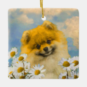 Ornement En Céramique Pomeranian dans les marguerites peignant - art