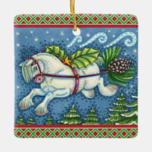 ORNEMENT EN CÉRAMIQUE PONY PULLING PINECONE SLEIGH DE NOËL VOLANT