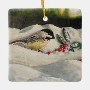 Ornement En Céramique Poulet sur neige hivernale avec MistleToe