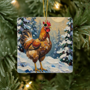 Ornement En Céramique Poulet Vintage dans un Paysage de Noël enneigé