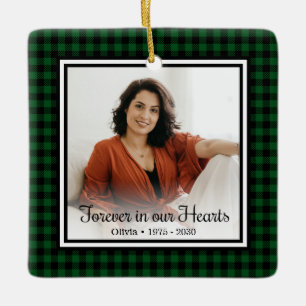 Ornement En Céramique Pour toujours dans nos coeurs Green Buffalo Plaid 