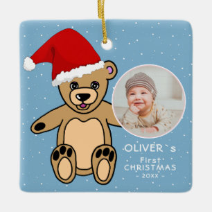 Ornement En Céramique Premier bébé`s Noël Teddy Bear Santa Hat Photo