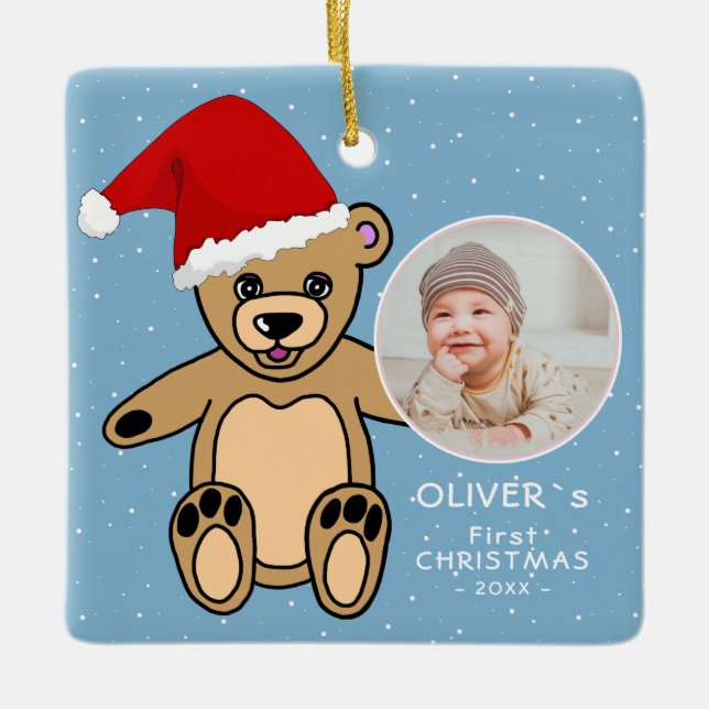 Ornement En Céramique Premier bébé`s Noël Teddy Bear Santa Hat Photo (Devant)
