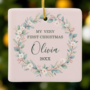 Ornement En Céramique Premier cadre floral doux de Noël du bébé
