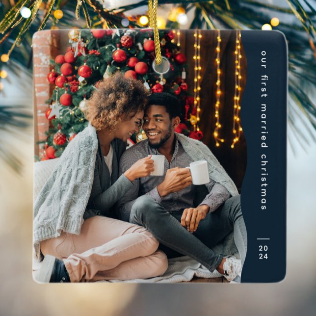 Ornement En Céramique Premier marié Noël deux photo simple marine (Créateur téléchargé)