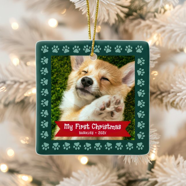 Ornement En Céramique Premier Noël Animaux de compagnie Chiot Photo Patr (Créateur téléchargé)