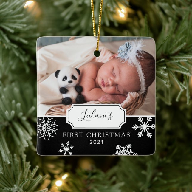 Ornement En Céramique Premier Noël Baby Photo Neige Noir (Arbre)