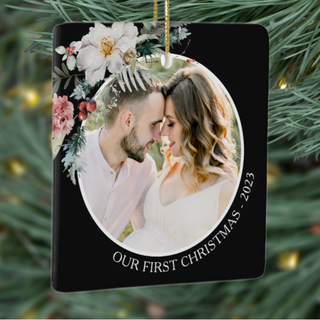 Ornement En Céramique Premier Noël Botanique Noir (Elegant Black Photo Holiday Christmas Ornament Watercolor Botanical Floral Berries)