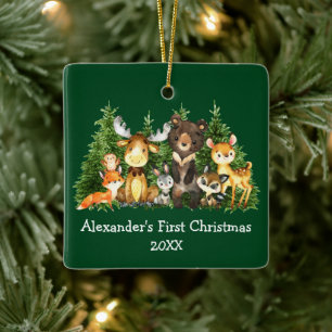 Ornement En Céramique Premier Noël de bébé Animaux de la forêt verte