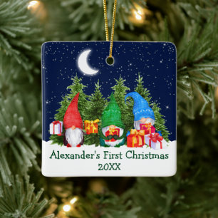 Ornement En Céramique Premier Noël de bébé Gnomes à l'aquarelle Ciel Arb