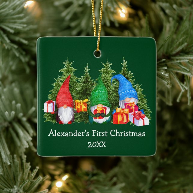 Ornement En Céramique Premier Noël de bébé Gnomes Carré Vert (Arbre)