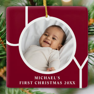 Ornement En Céramique Premier Noël de bébé Photo personnalisée Rouge fon