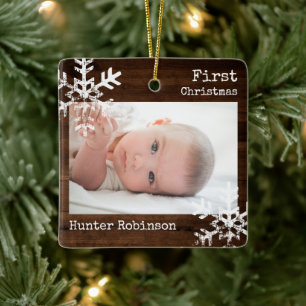 Ornement En Céramique Premier Noël de bébé Photo Rustique