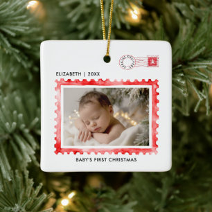 Ornement En Céramique Premier Noël de bébé timbre postal rouge photo