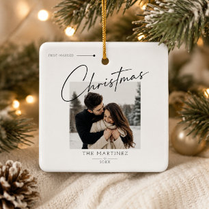 Ornement En Céramique Premier Noël de mariage Hiver Script Photo 