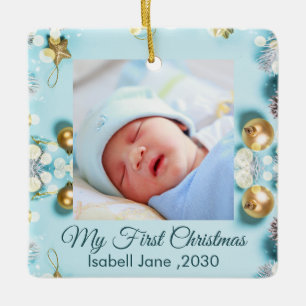 Ornement En Céramique Premier Noël du bébé avec cadre floral classique
