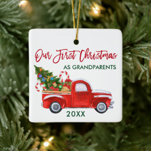 Ornement En Céramique Premier Noël en grand-parents Camion rouge vert