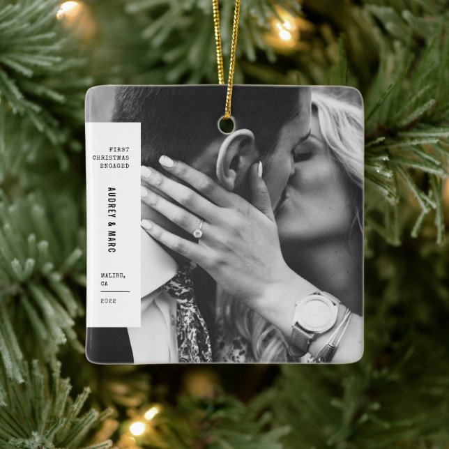 Ornement En Céramique Premier Noël engagé Couple photo minimaliste (Arbre)