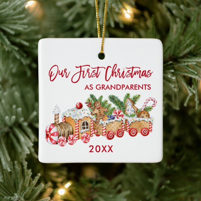 Ornement En Céramique Premier Noël Grands-parents Gingpain Train Rouge (Arbre)