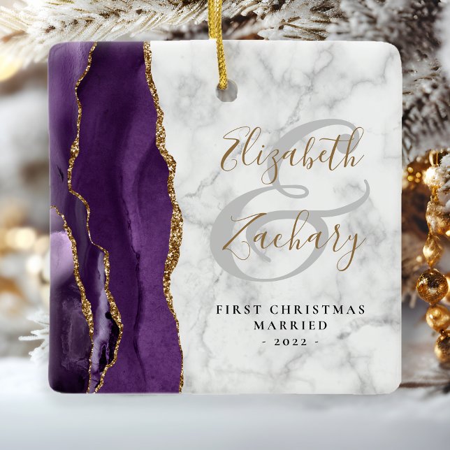 Ornement En Céramique Premier Noël Marié Purple Agate Marbre Or (Créateur téléchargé)
