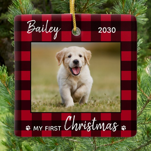 Ornement En Céramique Premier Noël mignon Chien rouge Chien Pâté Photo (Créateur téléchargé)