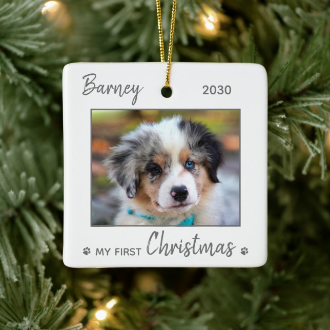 Ornement En Céramique Premier Noël mignon chiot - Chien gris photo pour  (Arbre)