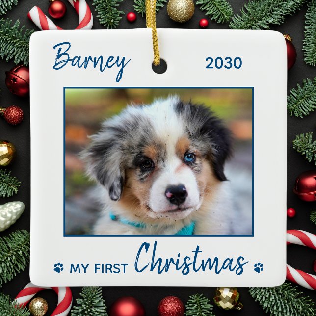 Ornement En Céramique Premier Noël mignonne chiot - Blue Dog Pet Photo (Créateur téléchargé)