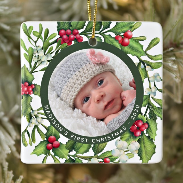 Ornement En Céramique Premier Noël Mistletoe Wreath Custom Baby Photo (Créateur téléchargé)