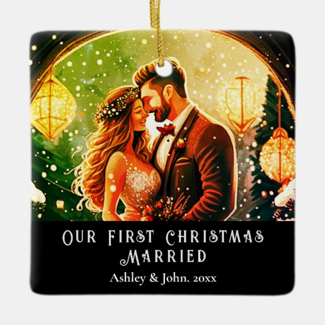 Ornement En Céramique Premier Noël Nouveaux mariés couple romantique (Devant)