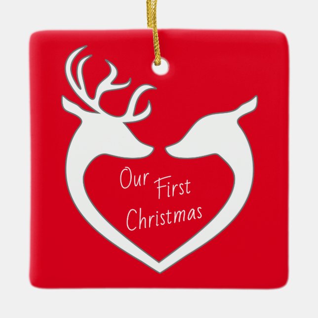 Ornement En Céramique Premier renne de Noël personnalisé Couple rouge (Devant)