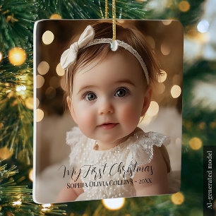 Ornement En Céramique Première Noël de bébé - Écriture minimaliste 2 Pho