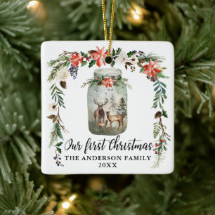 Ornement En Céramique Première Noël Famille Florale de Cerfs